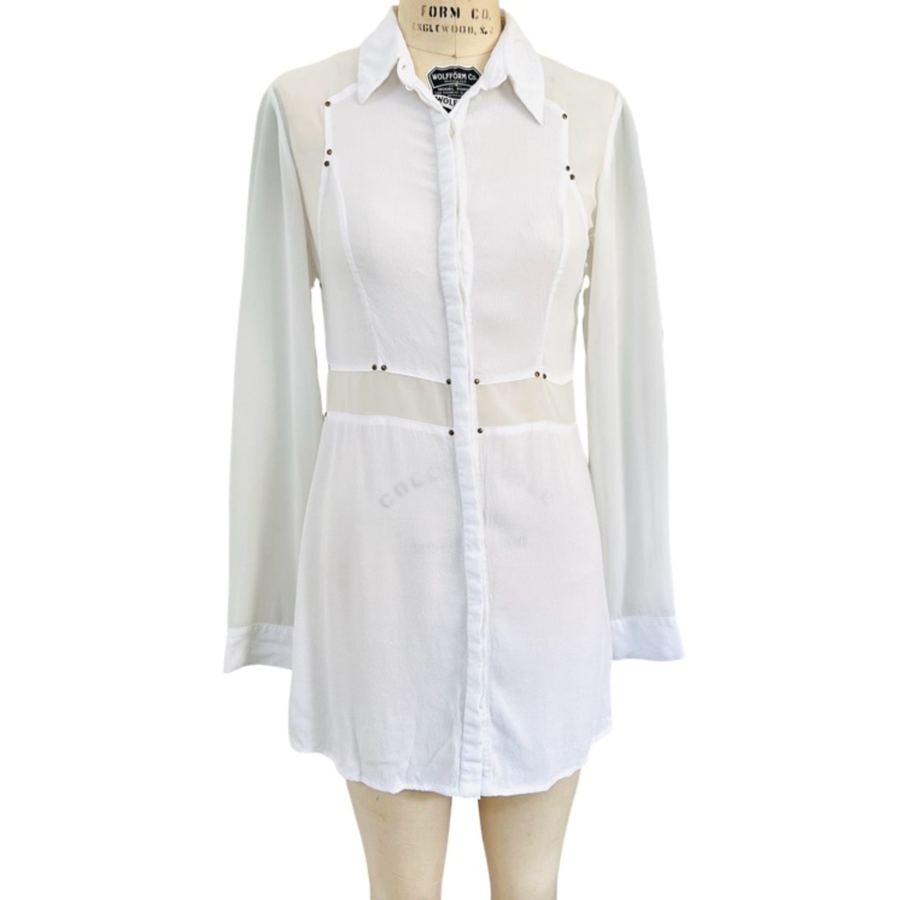 BLESS’ED ARE THE MEEK Sheer Button Down Tunic/Mini Shirt Dress in White Size S